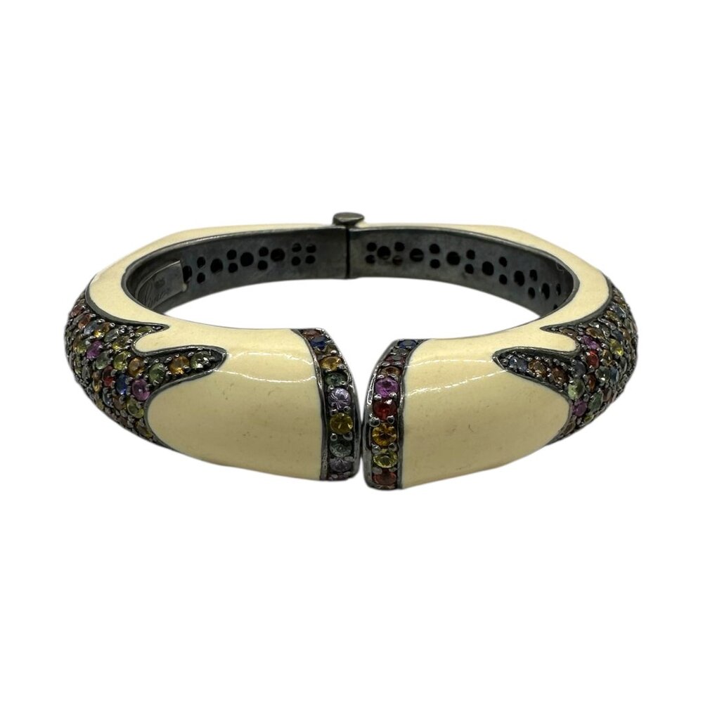Rina Limor Off White Enamel Bracelet 925 Sterling Silver Clamper Bangle Signed